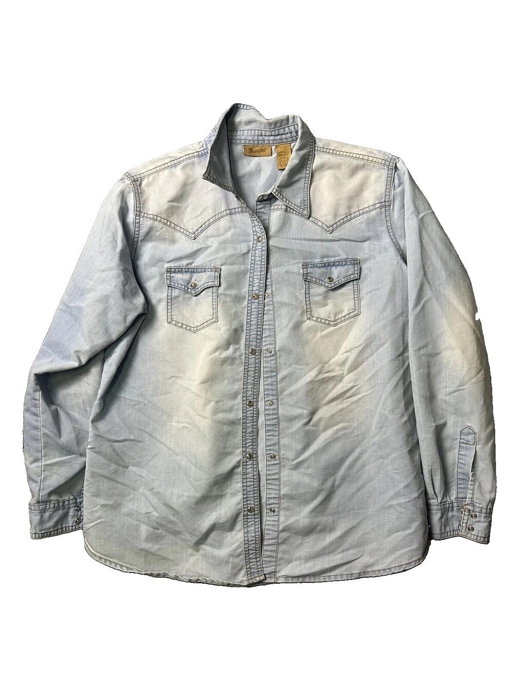 Wrangler Mens XL Western Pearl Snap Shirt Light Wash Denim Chambray Cowboy